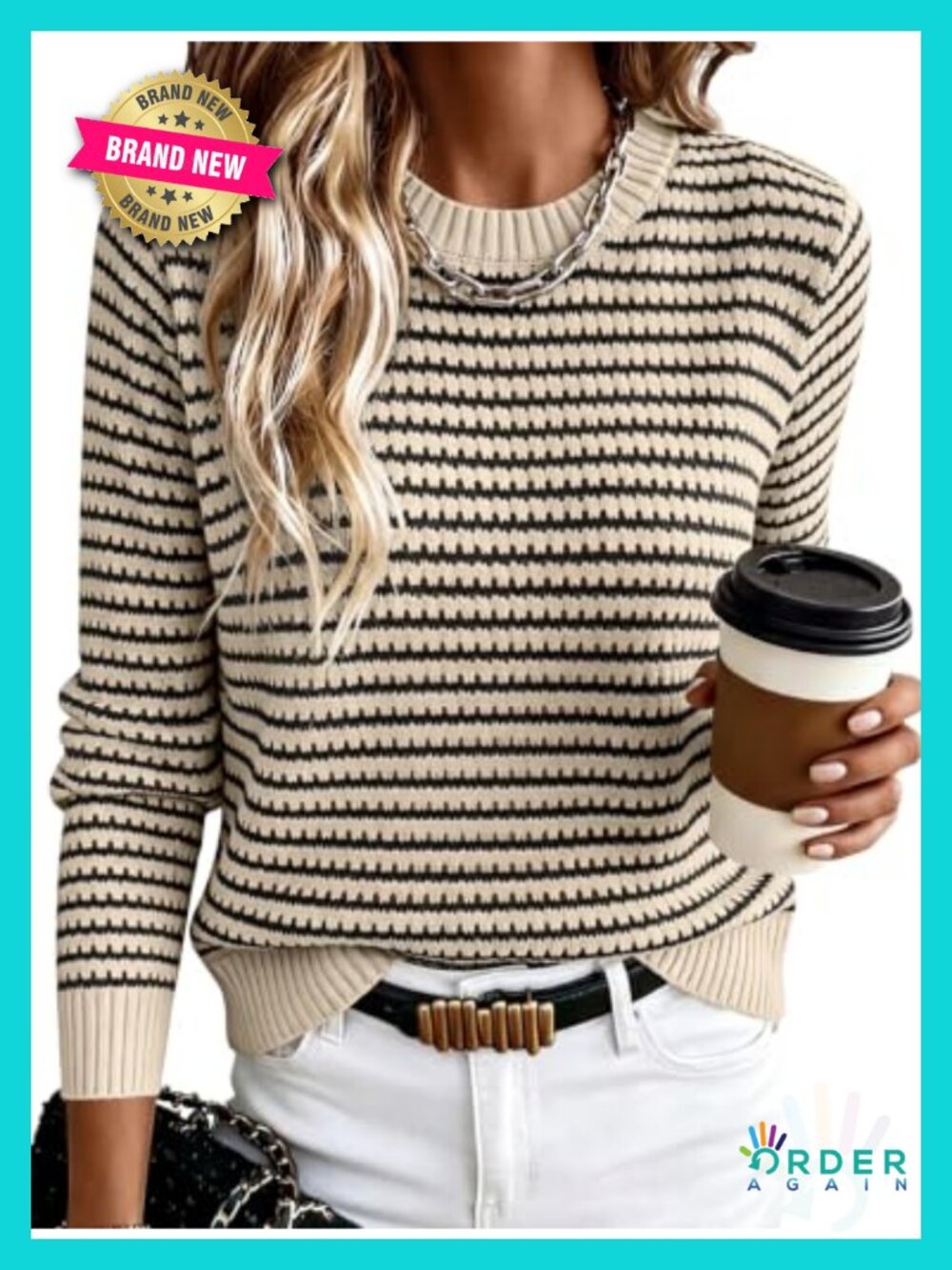 Women's Crochet Striped Crew Neck Long Sleeve Pullover Sweater